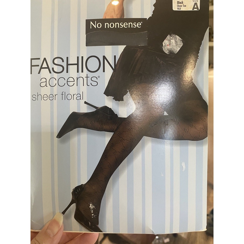 No Nonsense Control Top Fashion Accents Panty Hose Black Sheer Floral Size A NWT